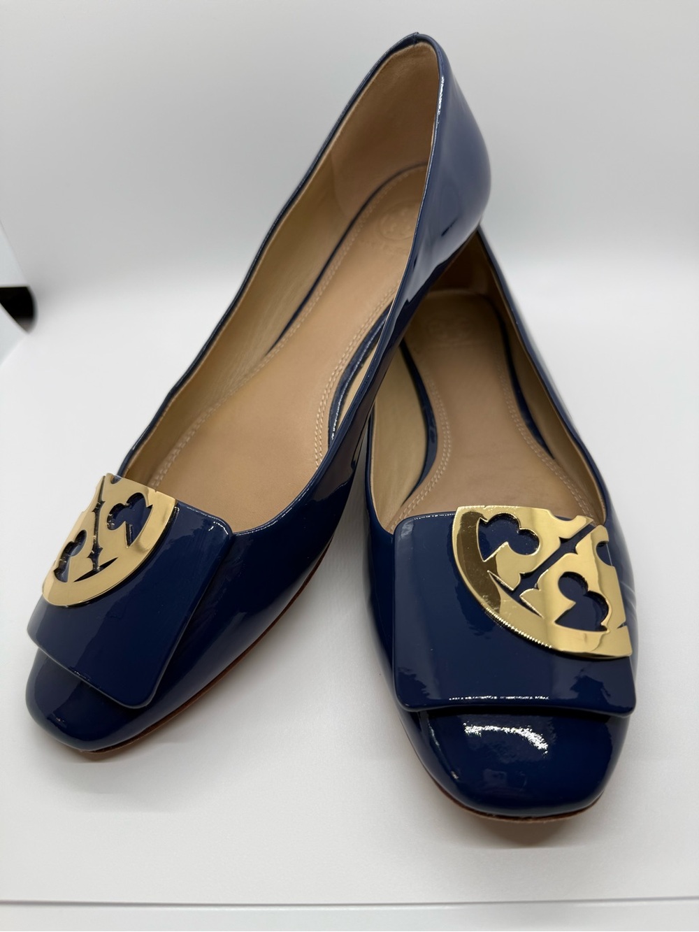 Tory Burch Navy Patent Leather Ballet Flats with Gold Logo Plaque